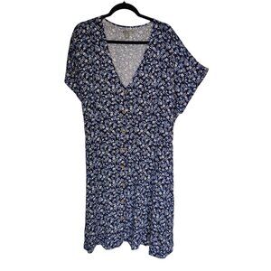 Falls Creek Short Sleeve V-Neck Blue Floral Midi Dress Button Down 2X NWOT